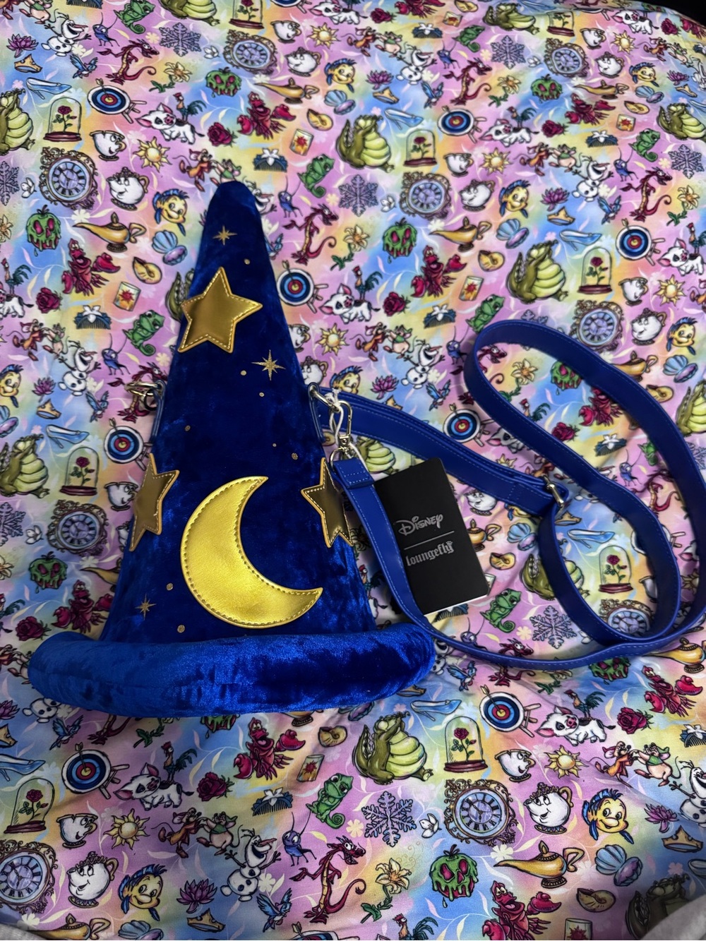 Loungefly Disney Sorcerer Mickey Hat Crossbody bag, blue velvet with gold stars